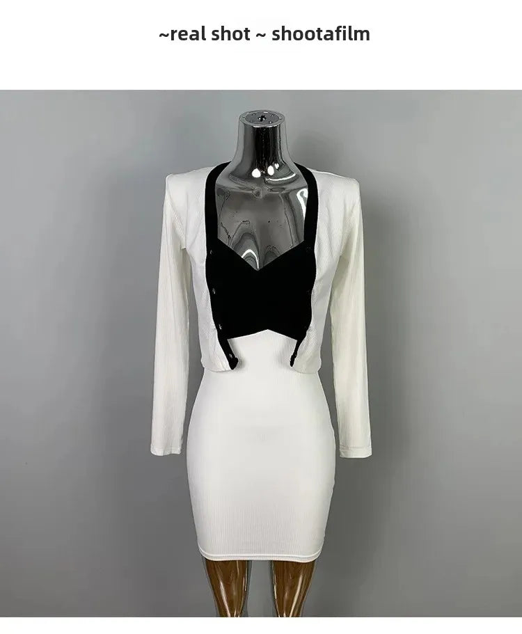 Korean Dongdaemun Slim Fit Sexy Pure Desire Wrap Body Strap Dress Long Sleeve Cardigan Two Piece Set Women's Fashion Outfit