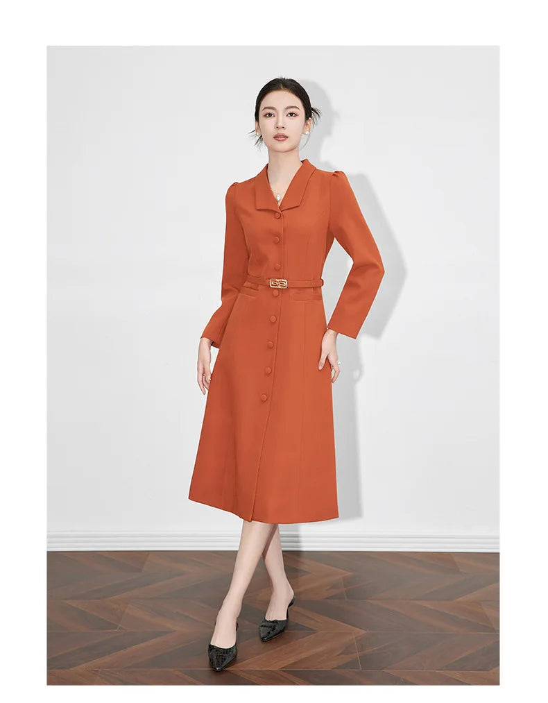 Dresses For Women 2024 Luxury Brand Autumn Long Dress Women's Turn-down Collar Sleeves Single Breasted Sashes Office Lady