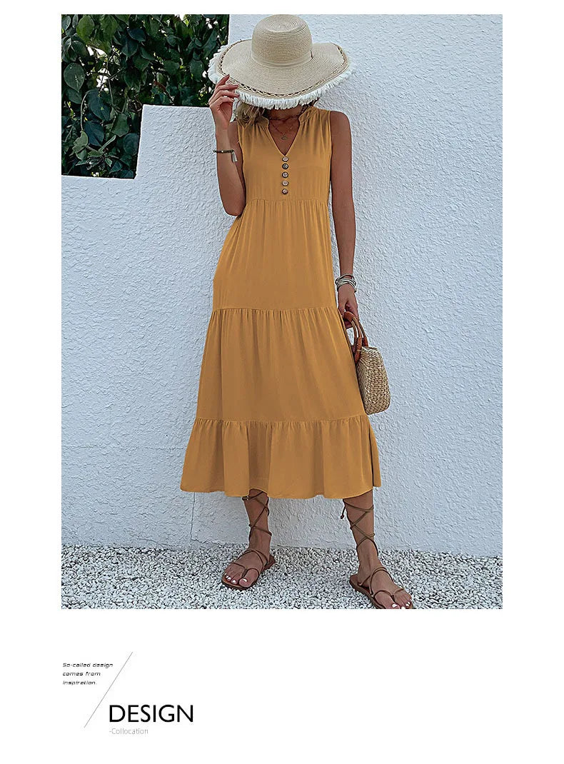 Dresses for Women 2025 Summer V-neck Single-breasted Vest Dress Sleeveless Loose Casual Solid Color Dress Vestidos De Mujer