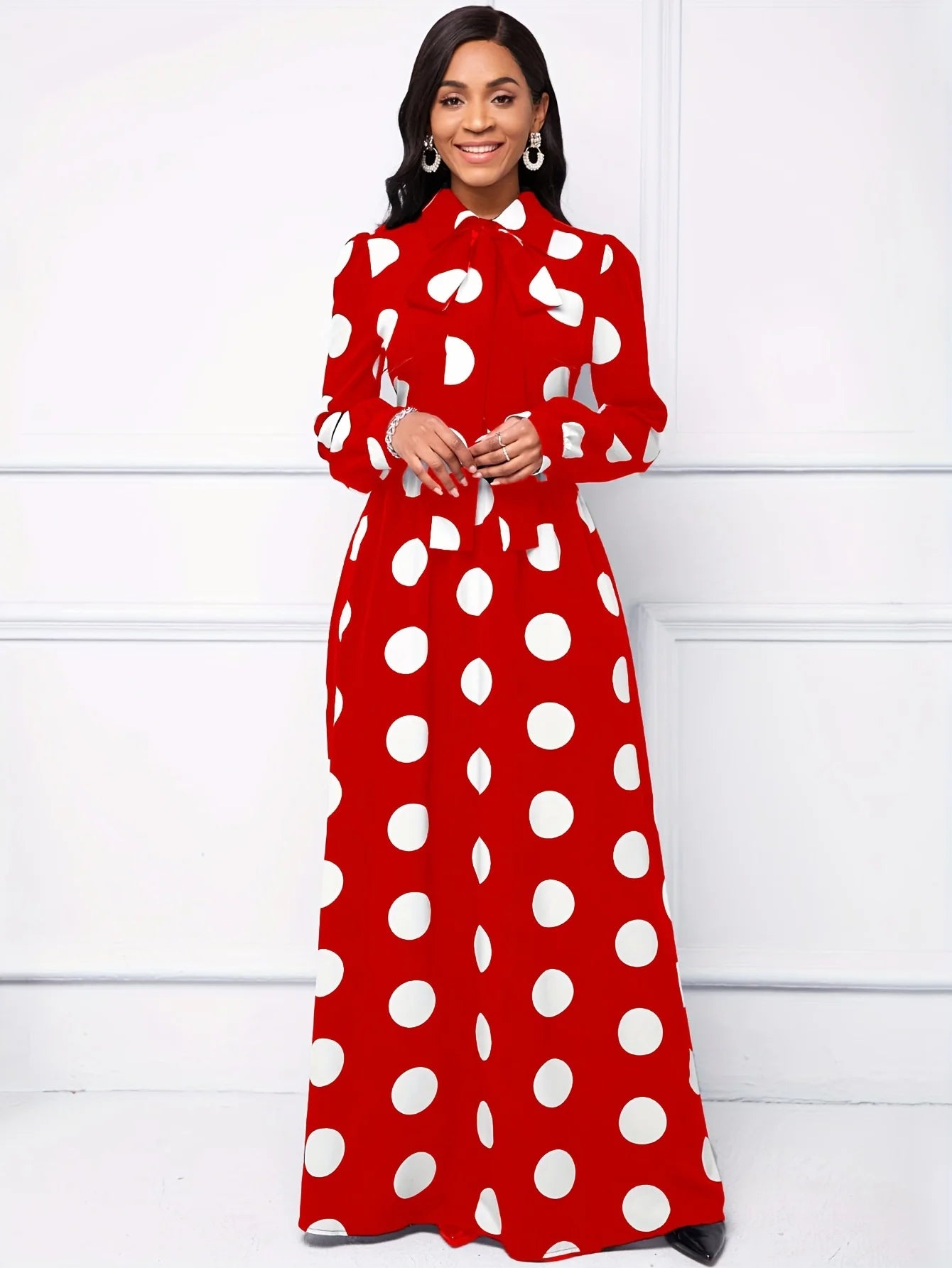 Casual Dresses Elegant Women Long Dress Sleeve Female Robe Bow Knot Polka Dots Girl's Vestidos Lady's Maxi Dresses