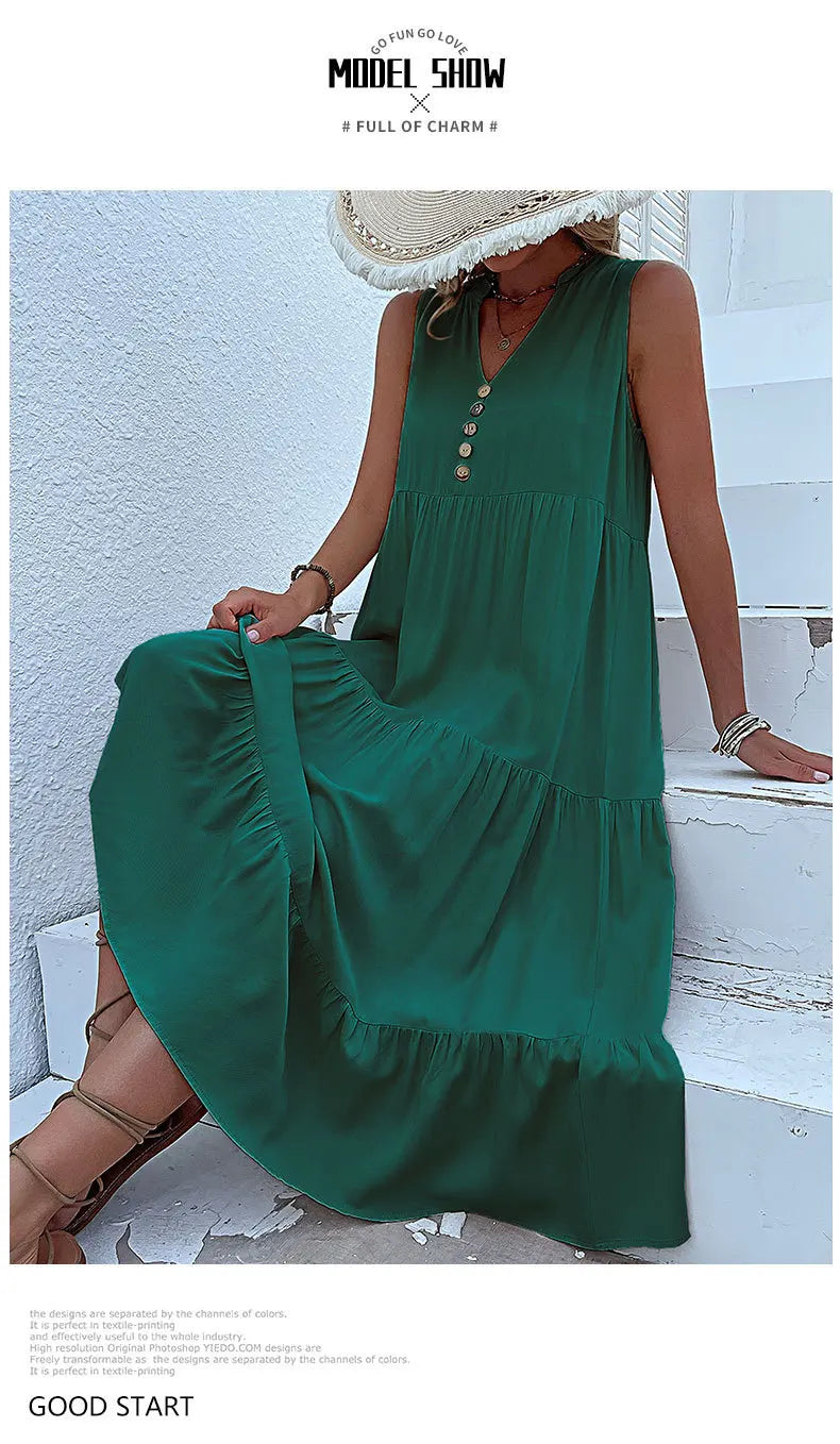 Dresses for Women 2025 Summer V-neck Single-breasted Vest Dress Sleeveless Loose Casual Solid Color Dress Vestidos De Mujer