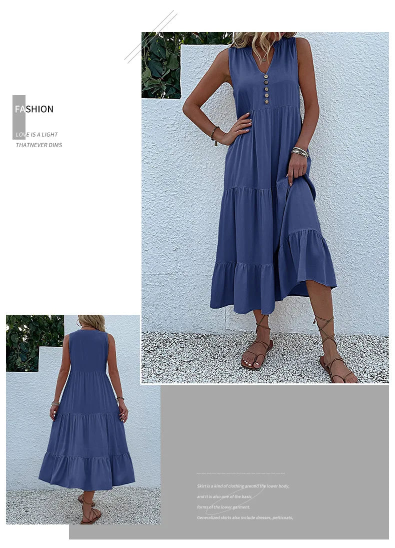 Dresses for Women 2025 Summer V-neck Single-breasted Vest Dress Sleeveless Loose Casual Solid Color Dress Vestidos De Mujer