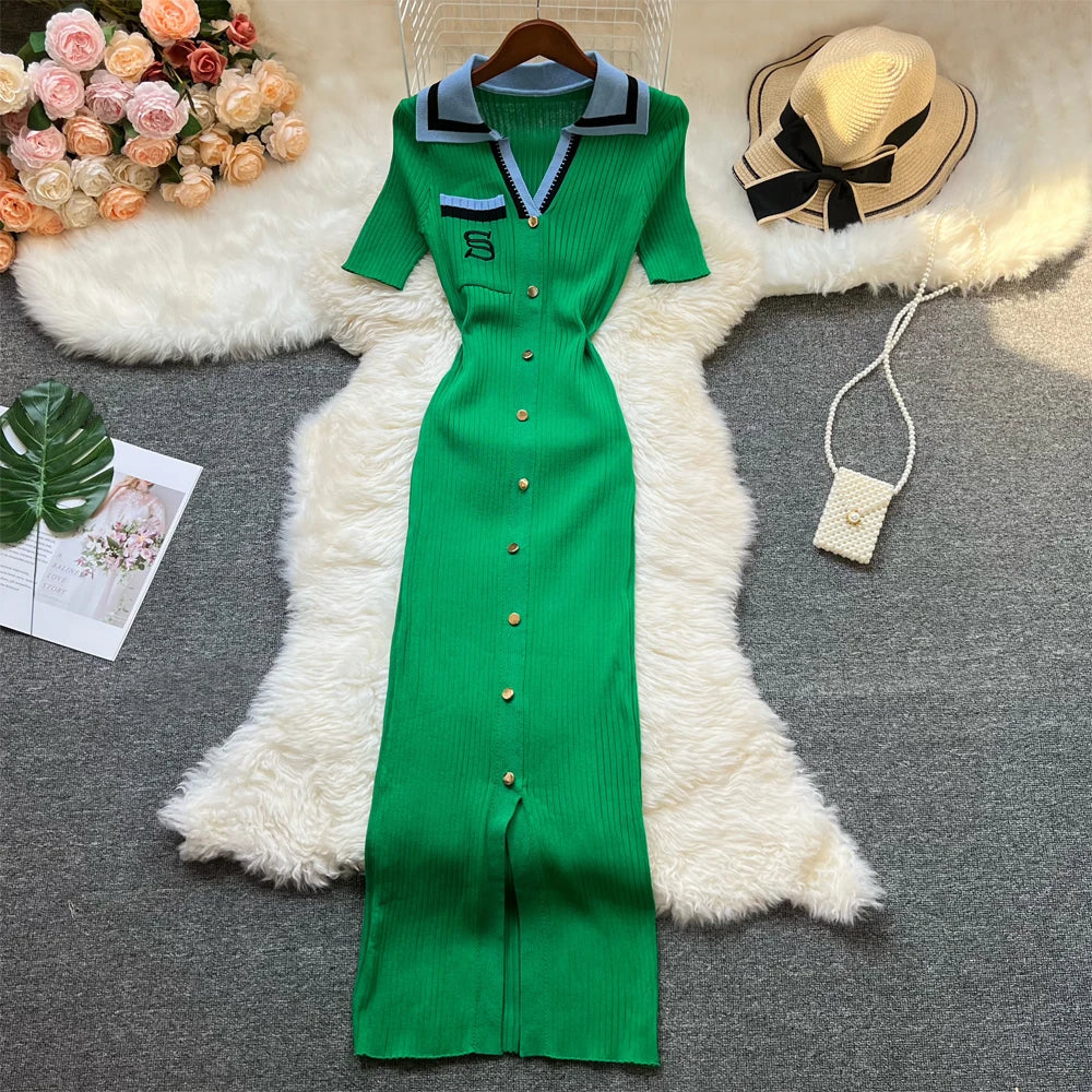 YuooMuoo Chic Fashion Sexy Package Hips Knitted Long Dress Women Brand Fashion Turn-down Collar Embroidery Bodycon Shirt Dress