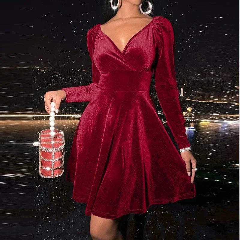 Dresses for Women 2025 Autumn Black Long Sleeve Women Dress Elegant V-Neck Slim A-LINE Dress Women Vestidos De Verano Mujer Q40