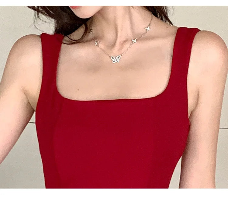 Women's Elegant Red Evening Dresses Sleeveless Wedding Guest Dress Spaghetti Strap A-Line White Party Female Prom gown Vestidos