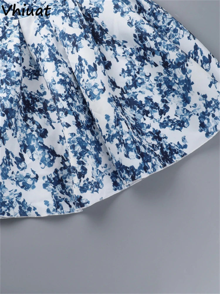 Vhiuat Blue Floral Print Cute Elegant Off Shoulder Mini A-Line Dress Lace Up Fashion Women Party Evening Dresses Summer 2024