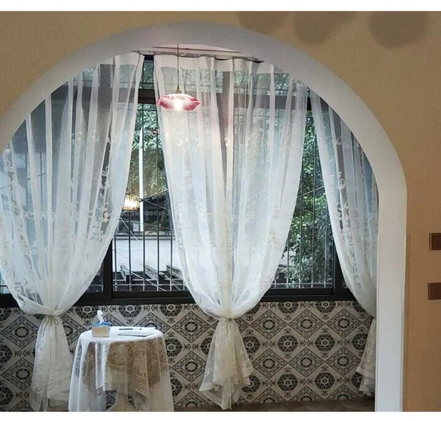 White Elegant Lxury Curtains, Tulle Contain Pearls Embroidery Beads Window Drapes ,Curtain Volie Sheer for Living Room Finished