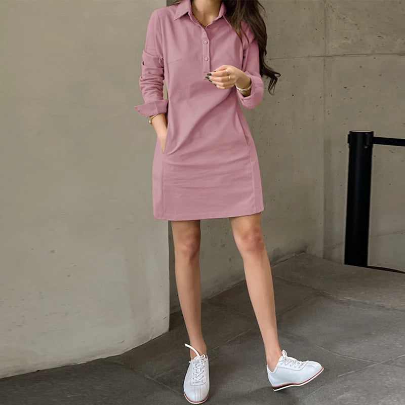 VONDA 2025 Summer Shirt Dress Women Elegant Long Sleeve Solid Color Sundress Casual Loose Buttons Pockets Short Mini Vestidos