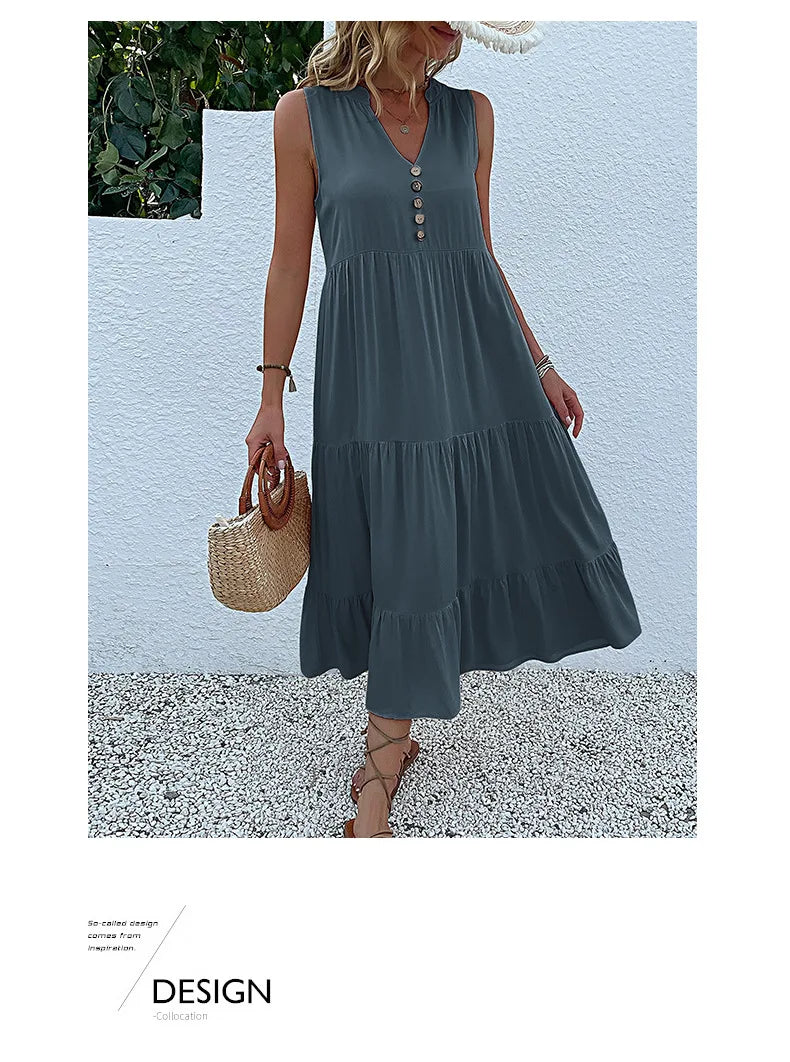 Dresses for Women 2025 Summer V-neck Single-breasted Vest Dress Sleeveless Loose Casual Solid Color Dress Vestidos De Mujer