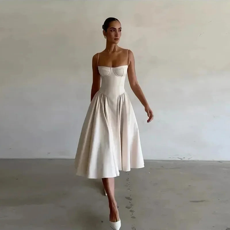 New Suspender Slim Backless Midi Dress Women Elegant Sleeveless Solid Large Hem A Line Dresses Summer Female Party Evening Robes