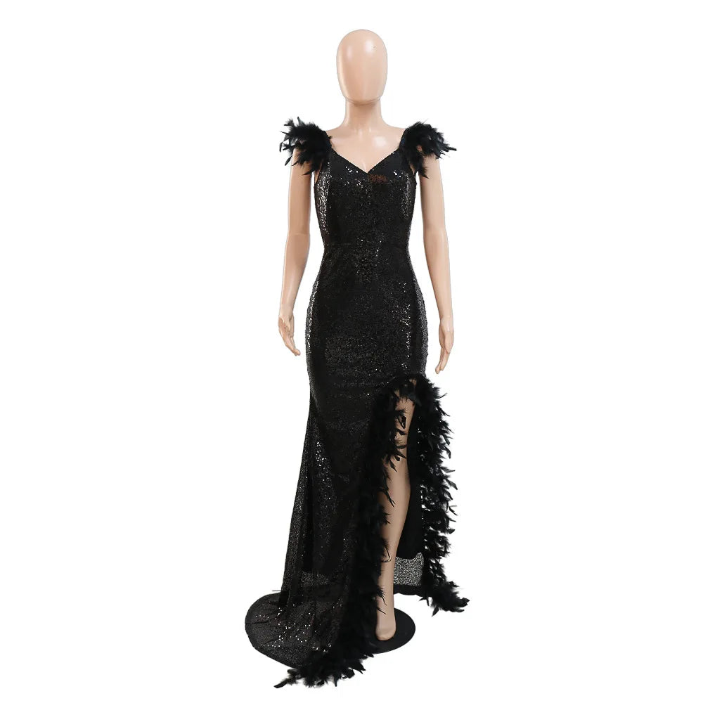 Dress Floor Length Dresses Women Party Gown Sequin Feather Hip Wrap Sexy Slim Fit Vestidos Sleeveless V Neck Backless Evening