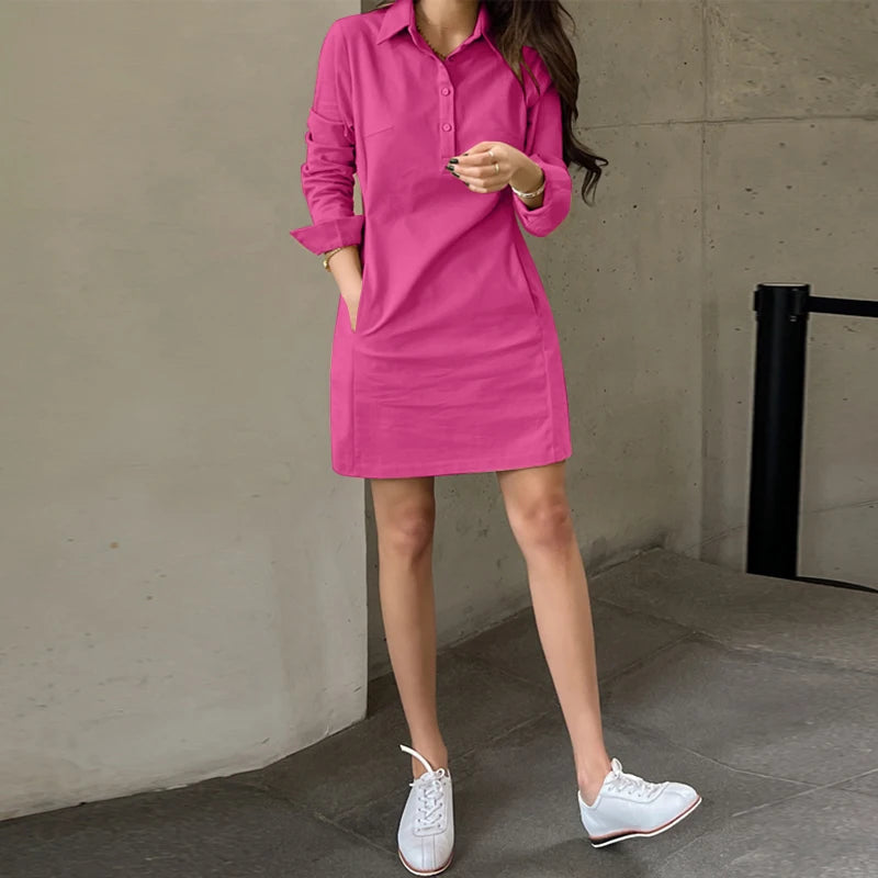 VONDA 2025 Summer Shirt Dress Women Elegant Long Sleeve Solid Color Sundress Casual Loose Buttons Pockets Short Mini Vestidos