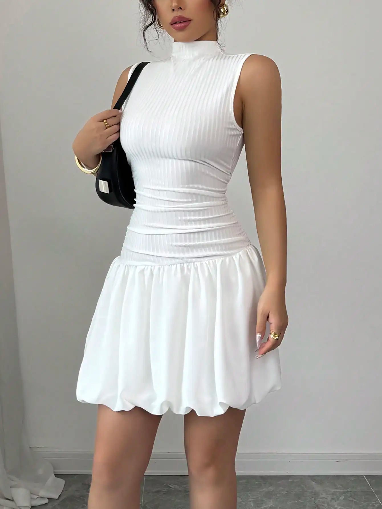Elegant tight small turtleneck sleeveless pleated lantern hem AB fabric splicing pit strip woven white summer women's dress