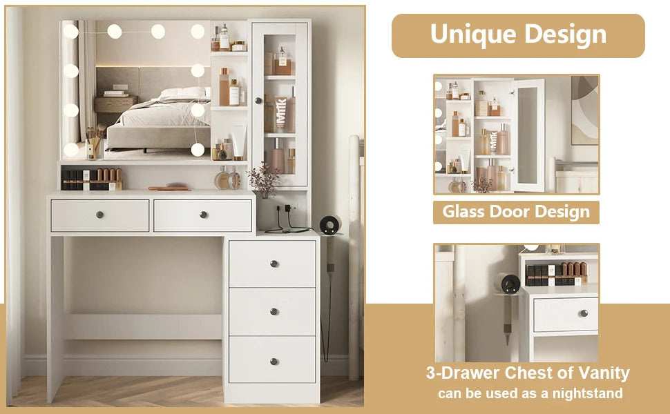Vabches Vanity Desk with Mirror Lights Makeup Vanity Table with Power Strip&Visible Storage Cabinet Wood 5 Drawer Dressing Table