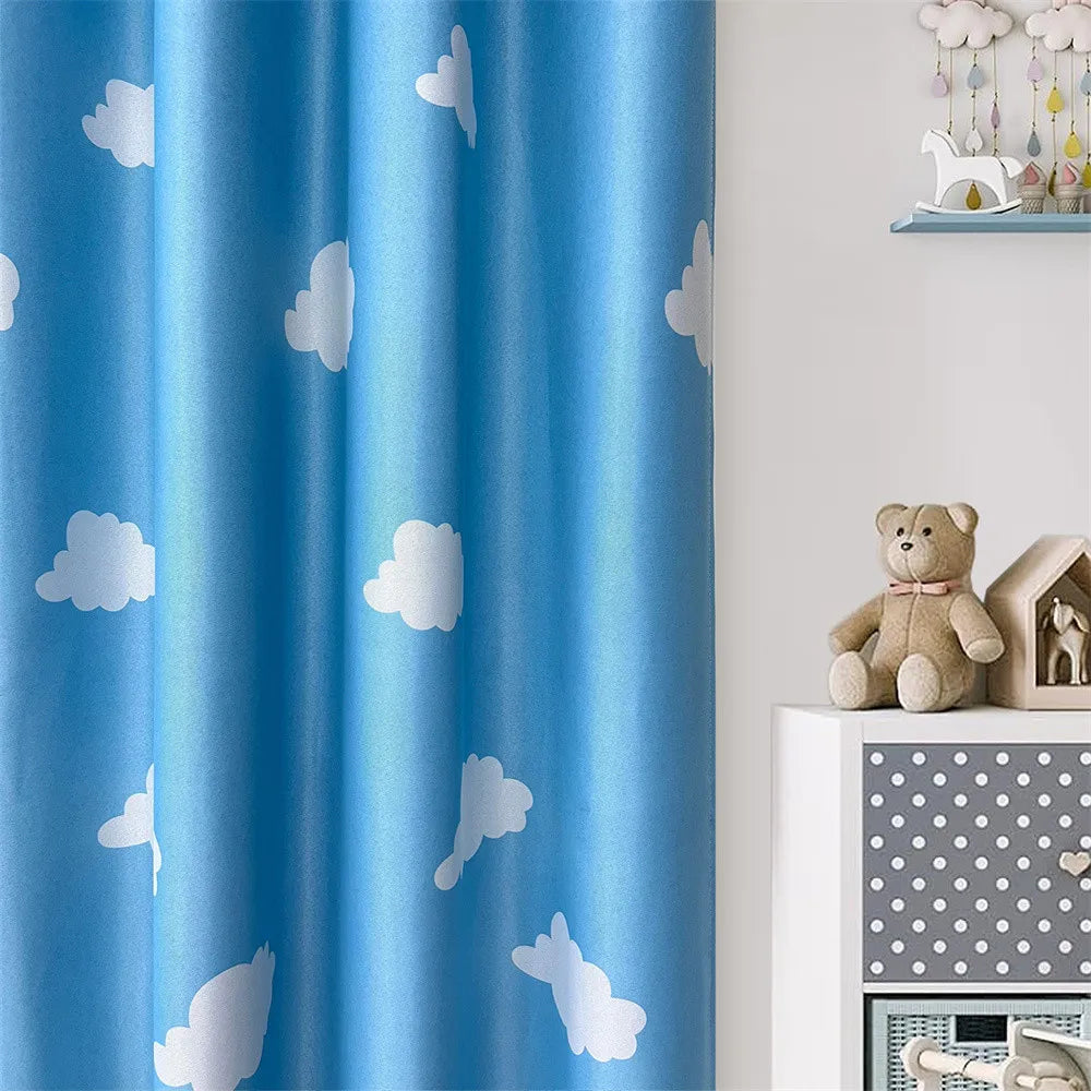 Blue Cartoon Curtains for Kids Bedroom Cloud Printed Curtains for Living Room Nursery Room Semi-Blackout Window Panel Drapes