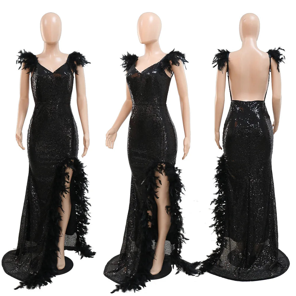 Dress Floor Length Dresses Women Party Gown Sequin Feather Hip Wrap Sexy Slim Fit Vestidos Sleeveless V Neck Backless Evening