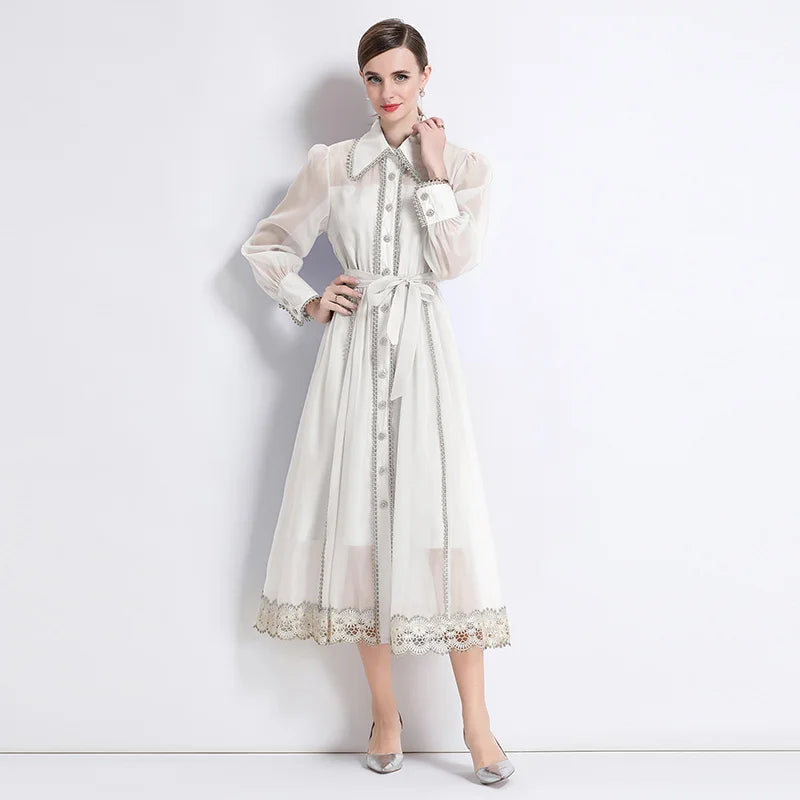 Dresses for Women Fashion Long Sleeve Turn Down Collar Women Dress White Sashes A-LINE Dress Women Vestidos De Verano Mujer Q337