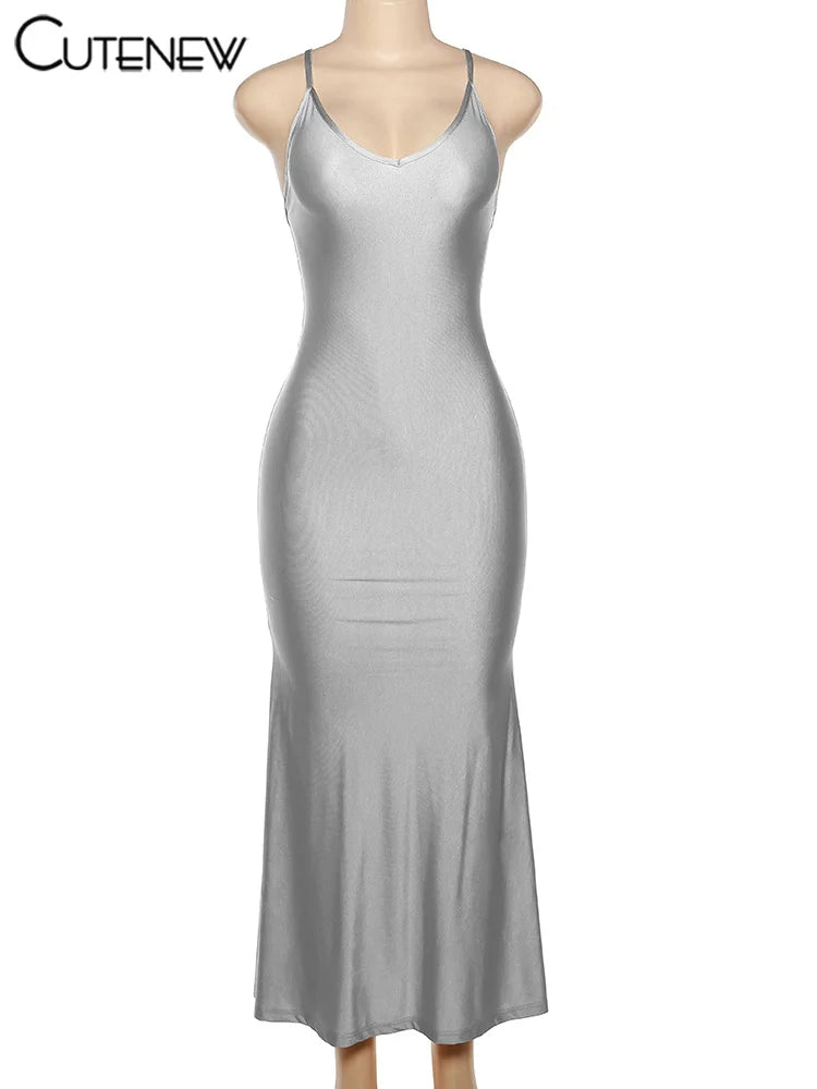 Cutenew Red Shiny Spaghetti Strap Maxi Dress Women Solid Sexy Backless Ruched Cleavage Body-shaping Robe Lady Hipster Streetwear