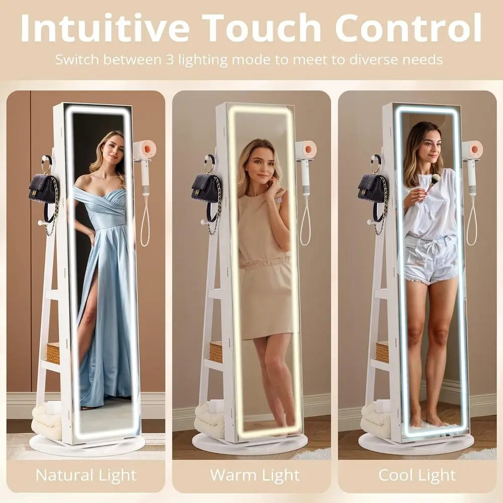 IRONCK LED Mirror Jewelry Cabinet Standing,360° Swivel Lockable Jewelry Armoire with Full Length Mirror and Adjustable LED Light