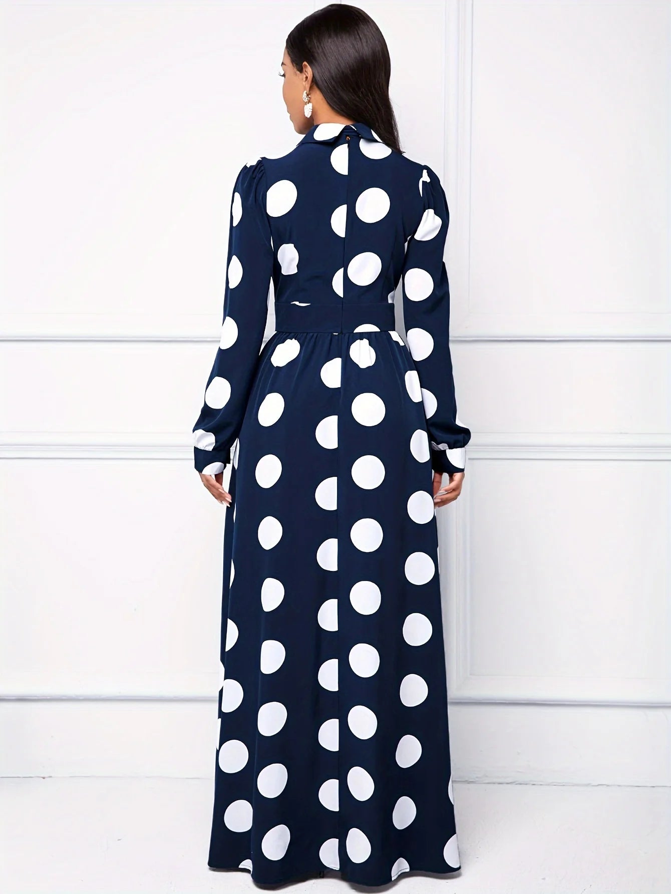 Casual Dresses Elegant Women Long Dress Sleeve Female Robe Bow Knot Polka Dots Girl's Vestidos Lady's Maxi Dresses