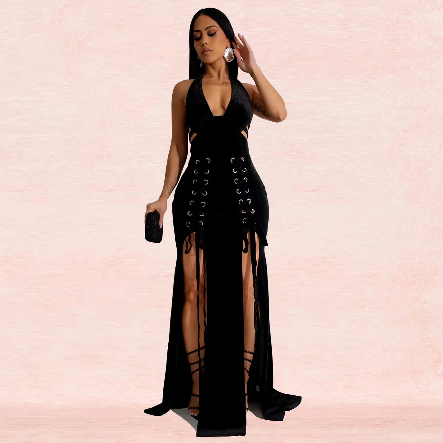 Bandage Velvet V Neck Dress Lady Party Bodycon Evening Dresses Women Elegant Luxury Maxi Long Hollow Out Prom Red Black Dresses