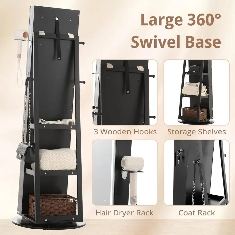 IRONCK LED Mirror Jewelry Cabinet Standing,360° Swivel Lockable Jewelry Armoire with Full Length Mirror and Adjustable LED Light