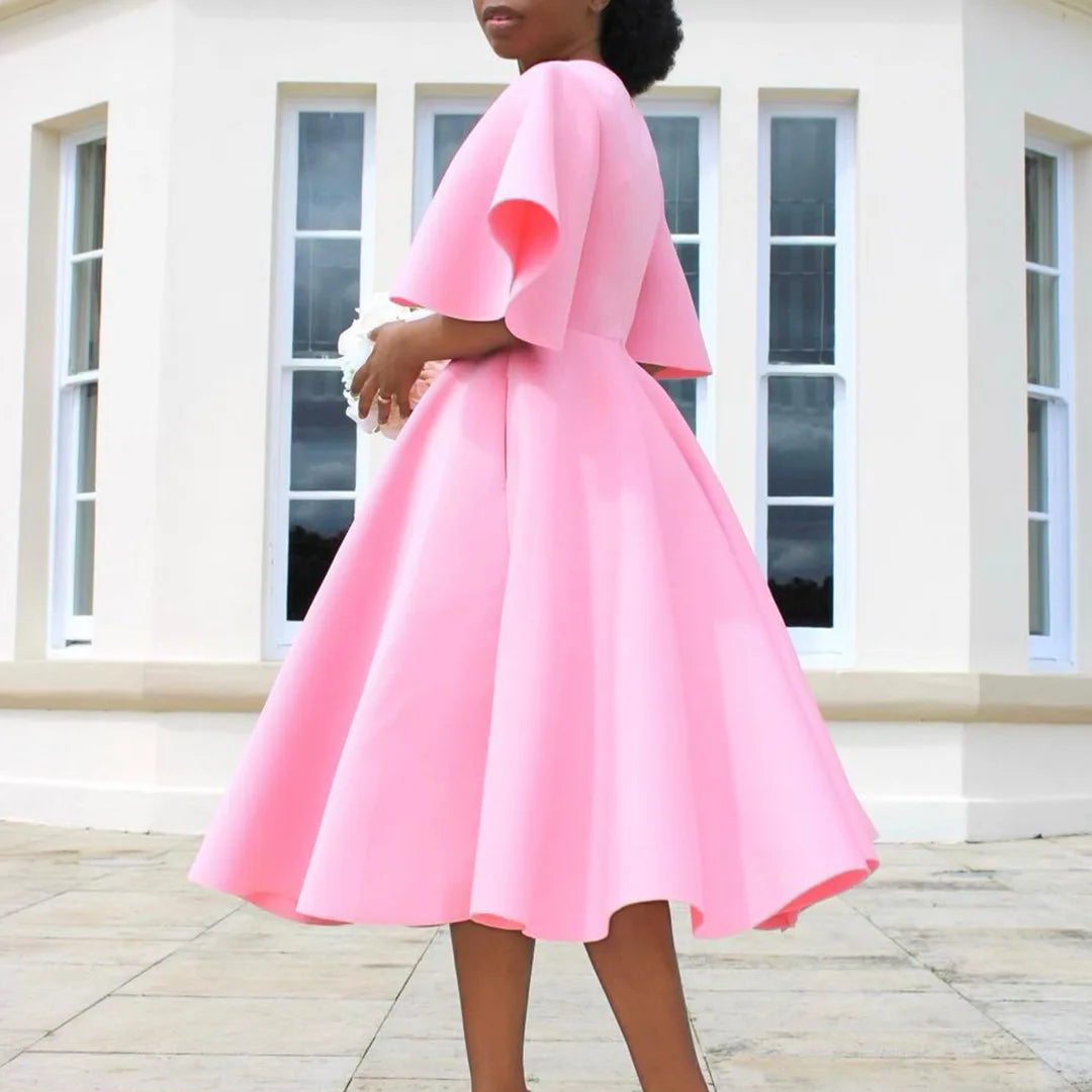 Elegant Party Dresses for Women V Neck Ruffles Sleeve High Waisted Pleated Mid Calf Luxury Birthday Dinner Vestidos Mujer Dress