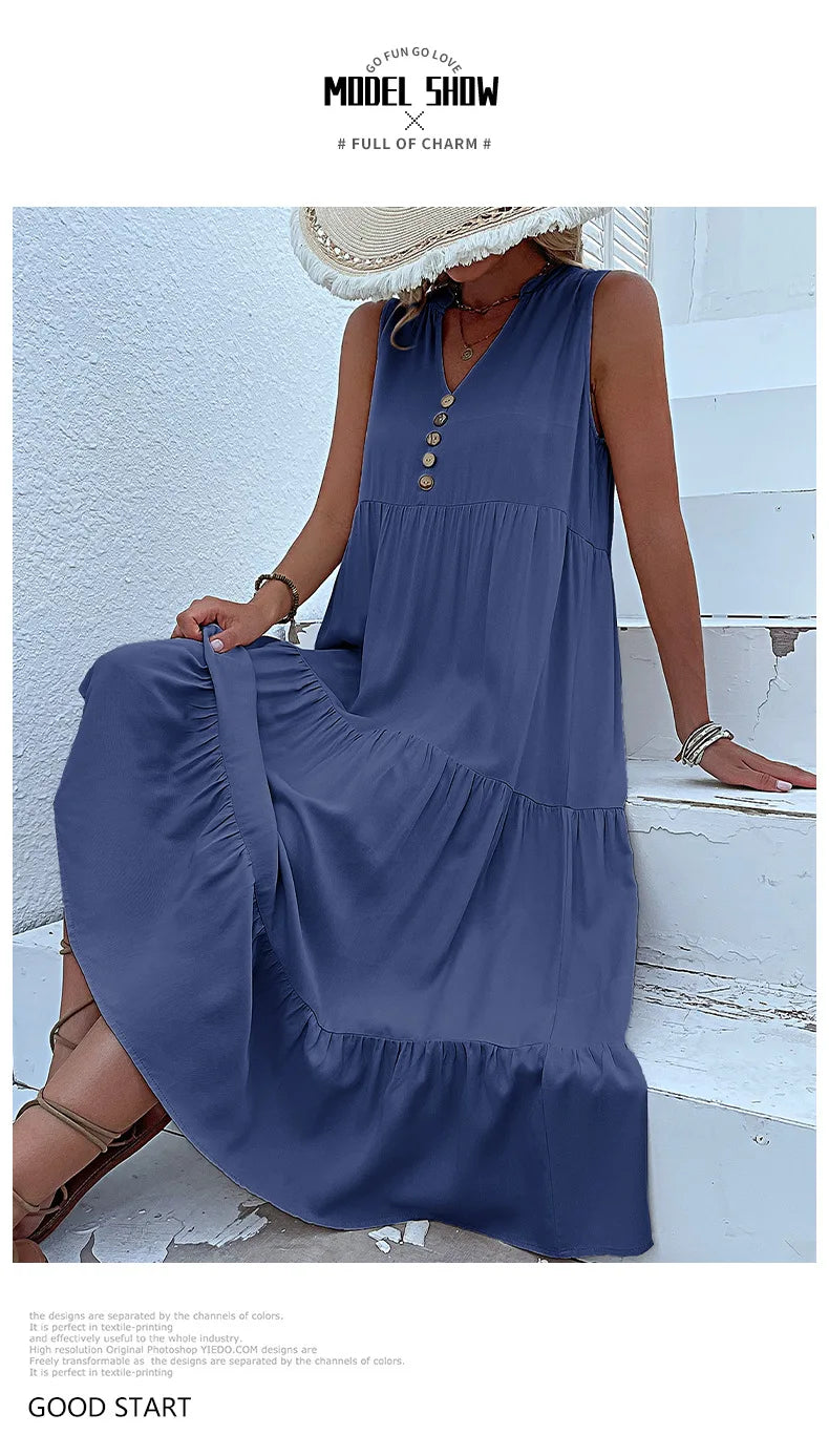 Dresses for Women 2025 Summer V-neck Single-breasted Vest Dress Sleeveless Loose Casual Solid Color Dress Vestidos De Mujer