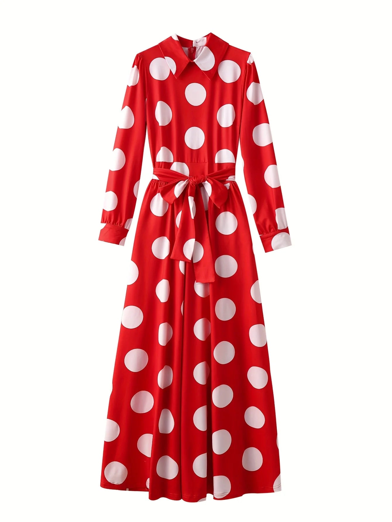 Casual Dresses Elegant Women Long Dress Sleeve Female Robe Bow Knot Polka Dots Girl's Vestidos Lady's Maxi Dresses