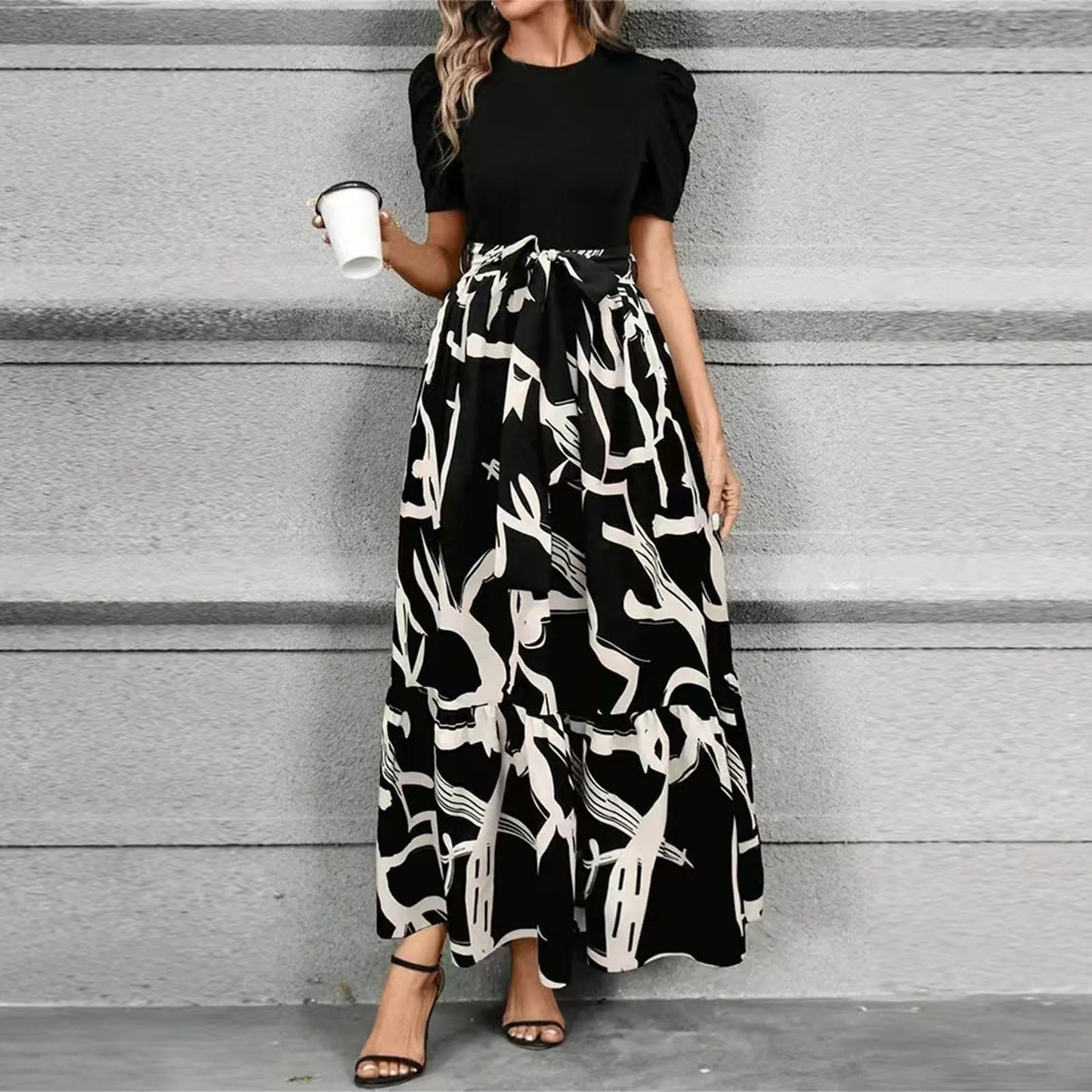 Dresses Elegant Office Lady Outfits A-line Lace-up Slim Fit Waist Ruffle Hem Skirt Women Dress Summer vestidos de mujer casuales