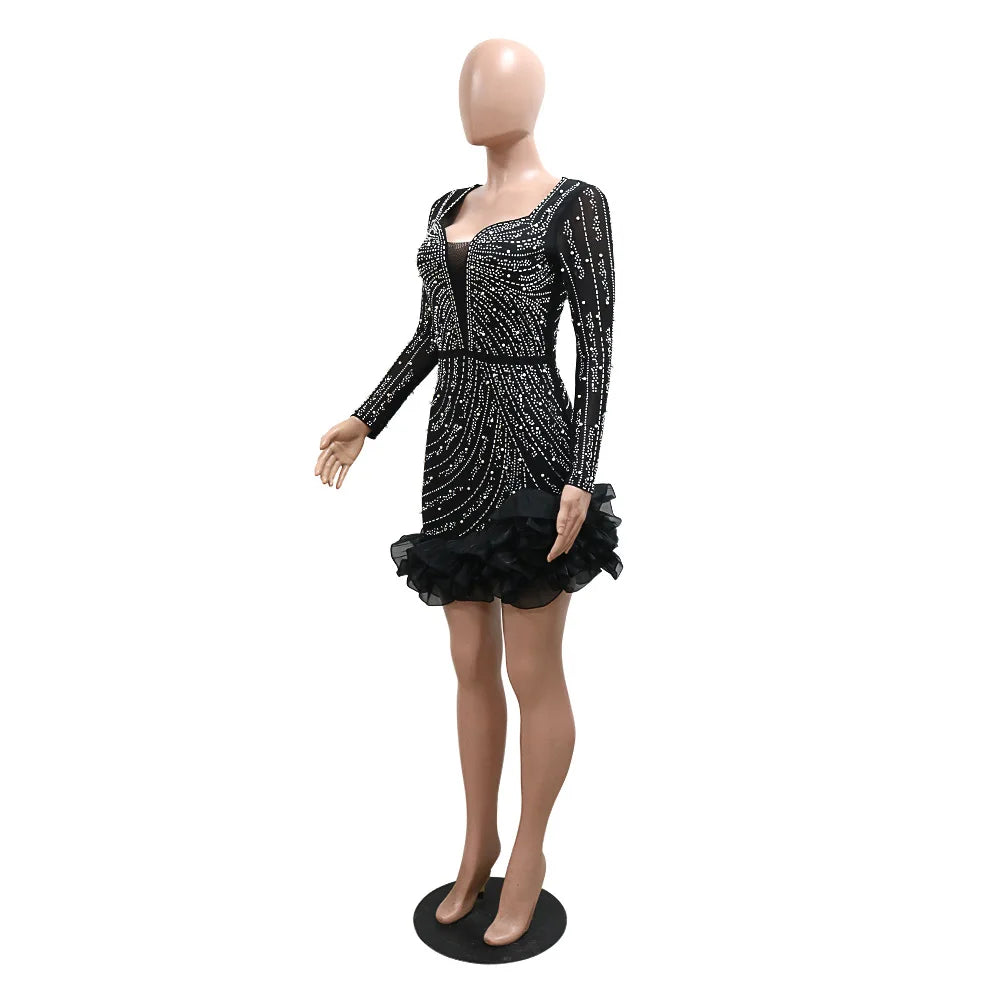 Women Dress Diamonds Splice Ruffles Mini Dresses Square Collar Full Sleeve Slim Fit Sold Evening Party Vestidos Elegant Ladies