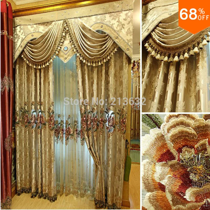 Rod Valance Curtain Door Blinds Window Golden Design Sheer Tulle Draperies Blackout Gold Super Luxury Curtains For Living Room