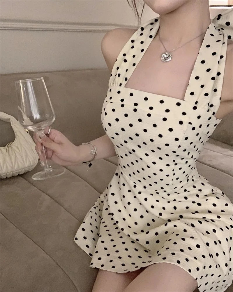 French Halterneck Polka Dot Sling Fluffy Dress Women Lace Up Collarbone Sleeveless Sweet Gentle Slim Summer Chic Lady Spicy Wear