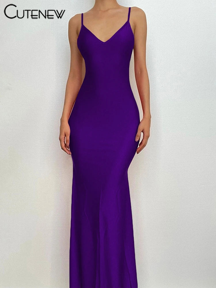 Cutenew Red Shiny Spaghetti Strap Maxi Dress Women Solid Sexy Backless Ruched Cleavage Body-shaping Robe Lady Hipster Streetwear