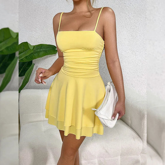 Summer Spaghetti Strap Dress for Women Sexy Backless Sleeveless Party Short Dress Ladies Elegant High Waisted A-Line Dresses