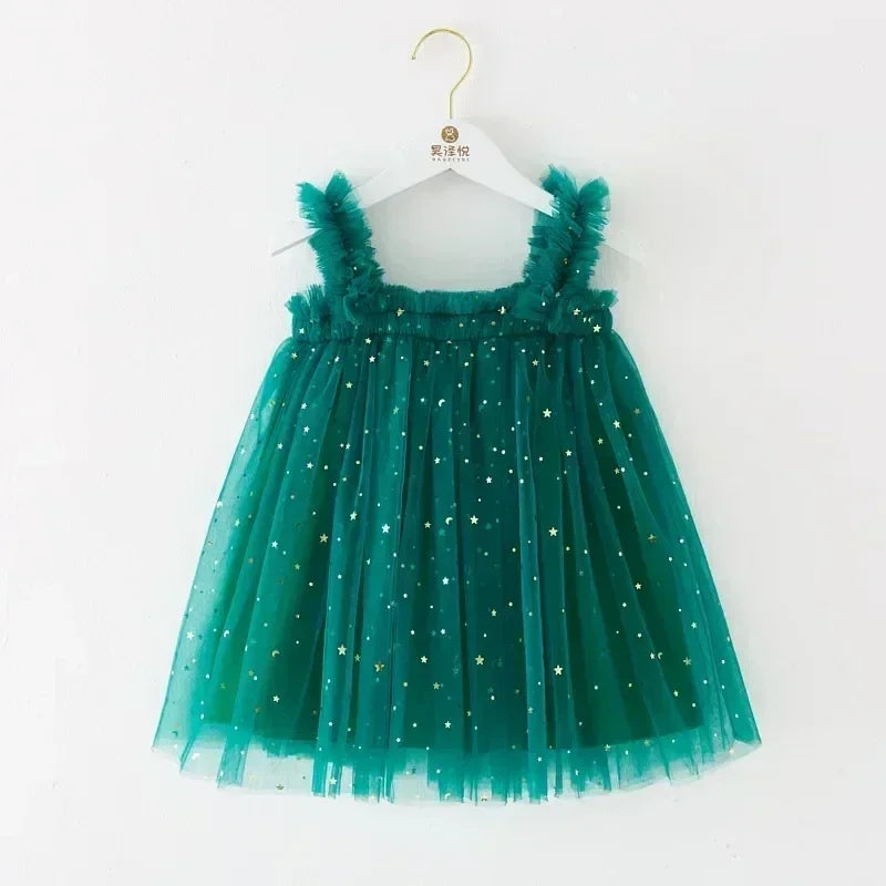 Christmas 2025 Girls Cute Fly Sleeve Star Printed Mesh Puffy Dress Halloween Children Party Photograph Princess Dress 1-6T