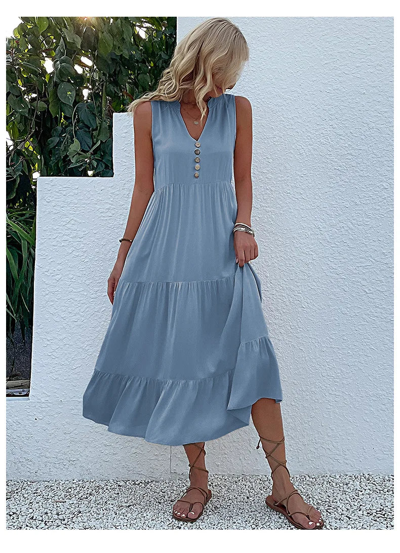 Dresses for Women 2025 Summer V-neck Single-breasted Vest Dress Sleeveless Loose Casual Solid Color Dress Vestidos De Mujer