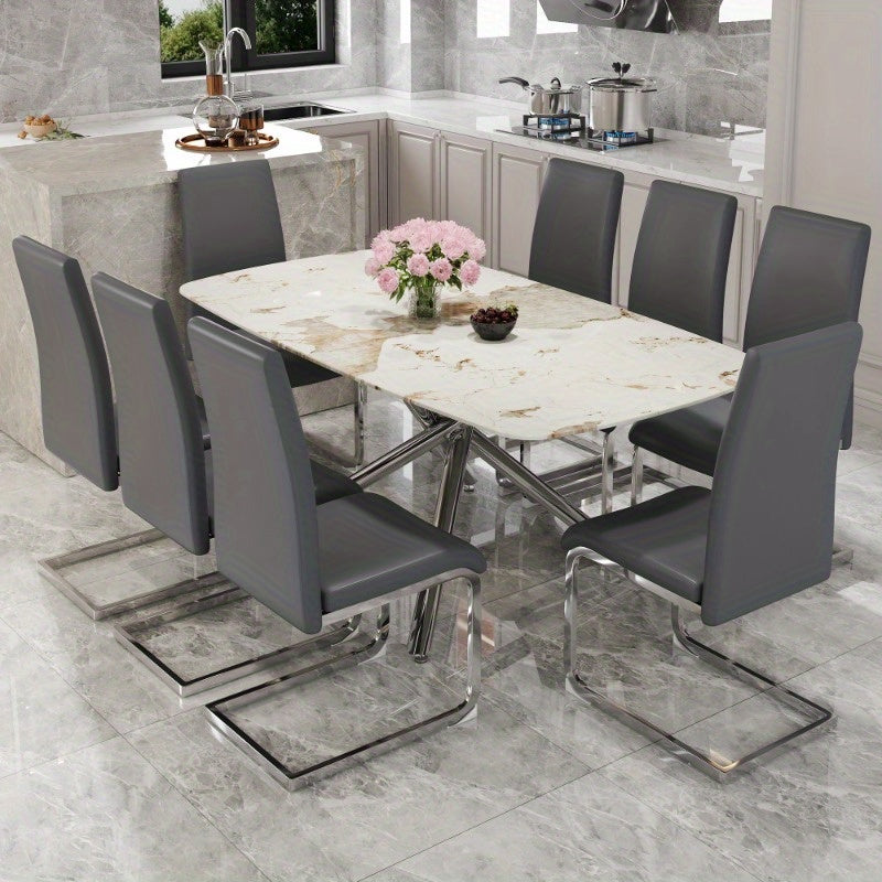 Table and chair set, large modern minimalist rectangular dining table, 0.39 "imitation marble tabletop and silver metal legs, soft leather seats. F-1537