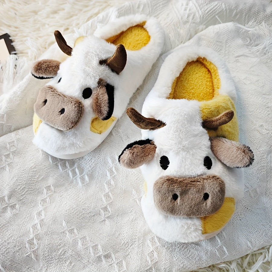 Adorable Cartoon Cow Plush Slippers for Women - Cozy Fabric Upper & PVC Sole, Soft Indoor Footwear with Fluffy White Trim, Cute Slippers