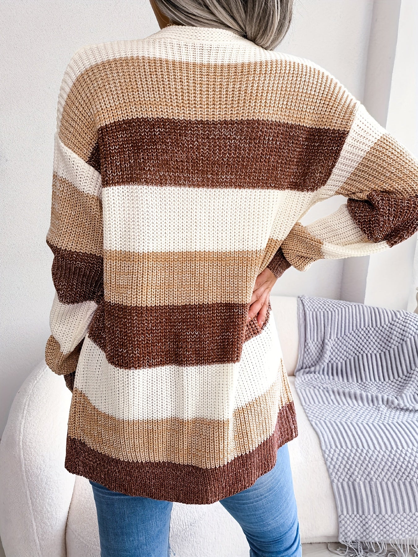 Cozy Striped Colorblock V-neck Cardigan - Super-soft Knit, Loose Fit, Dropped Shoulder - Trendy Womens Winter Wear for Casual Chic
