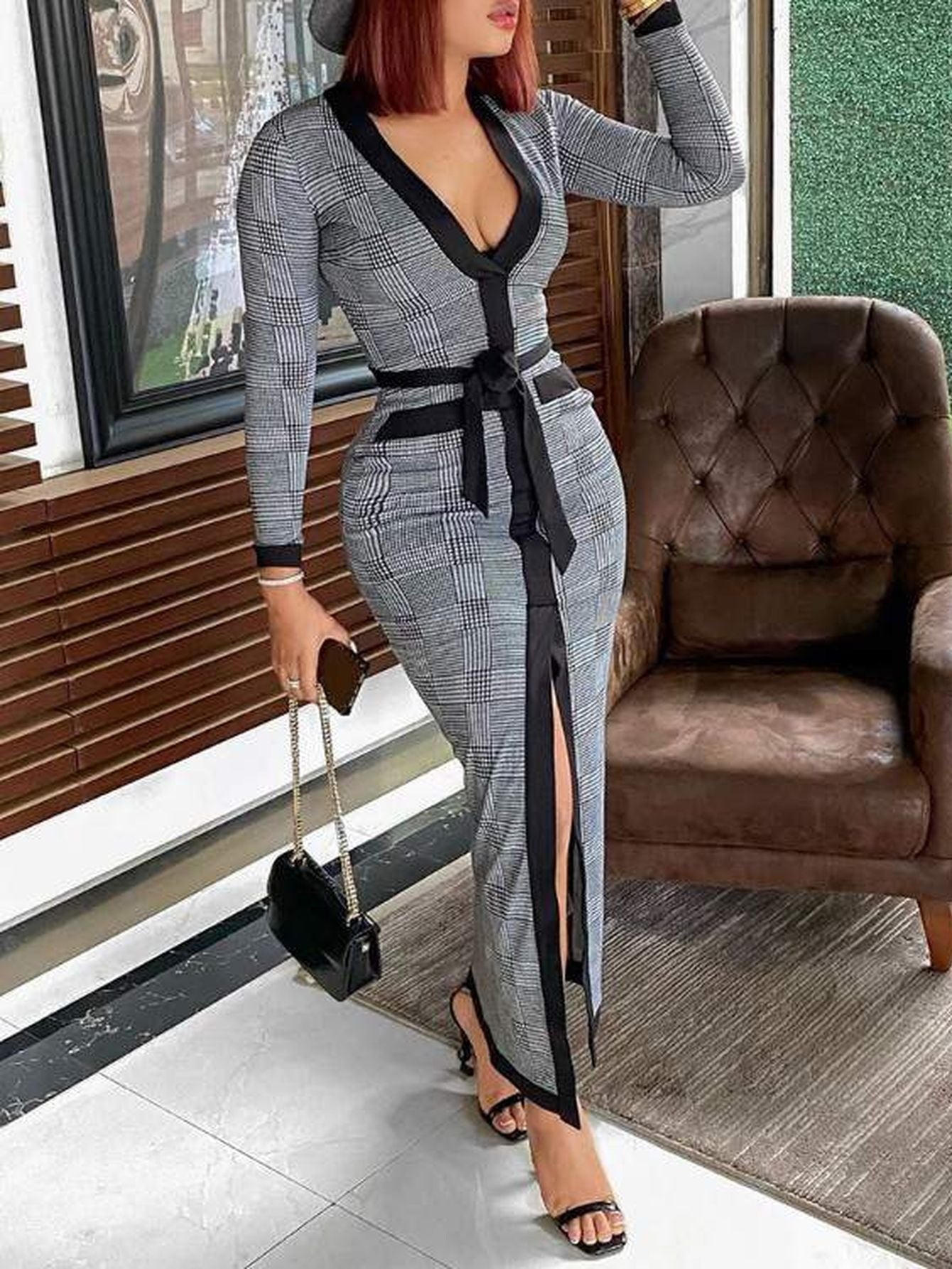 High Slit Plaid Long Sleeve Plunge Maxi Dress Women High Slit Plaid Long Sleeve Plunge Maxi Bodycon Dress Womens Party Dress