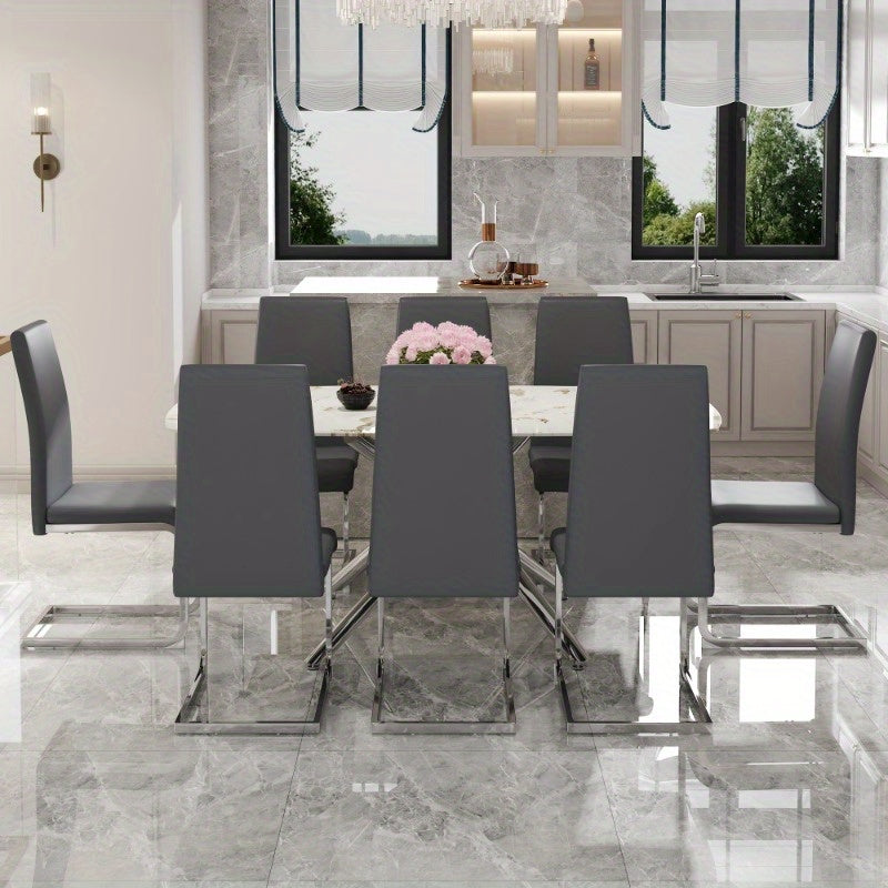 Table and chair set, large modern minimalist rectangular dining table, 0.39 "imitation marble tabletop and silver metal legs, soft leather seats. F-1537