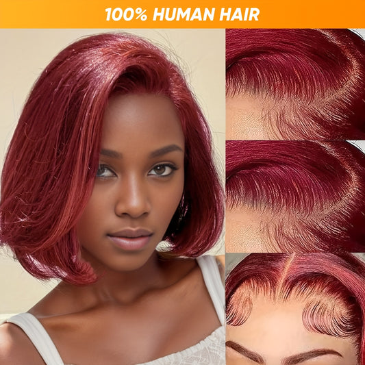 13x4 99J Lace Front Bob Wigs Human Hair Wig 150% Density 13x4 HD Lace Front Bob Human Hair Wig For Women Pre Plucked With Bleached Knots Natural Hairline And Women's Wig Used Daily Party Cosplay Holiday