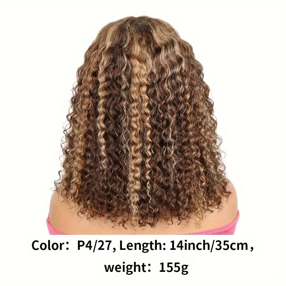 13x4 Brazilian Remy Human Hair Curly Bob Wig - Glamorous Blonde & Brown Highlights, Luscious Deep Waves, Secure Lace Front, For Everyday Elegance - 10-16inch Length, 150% Density
