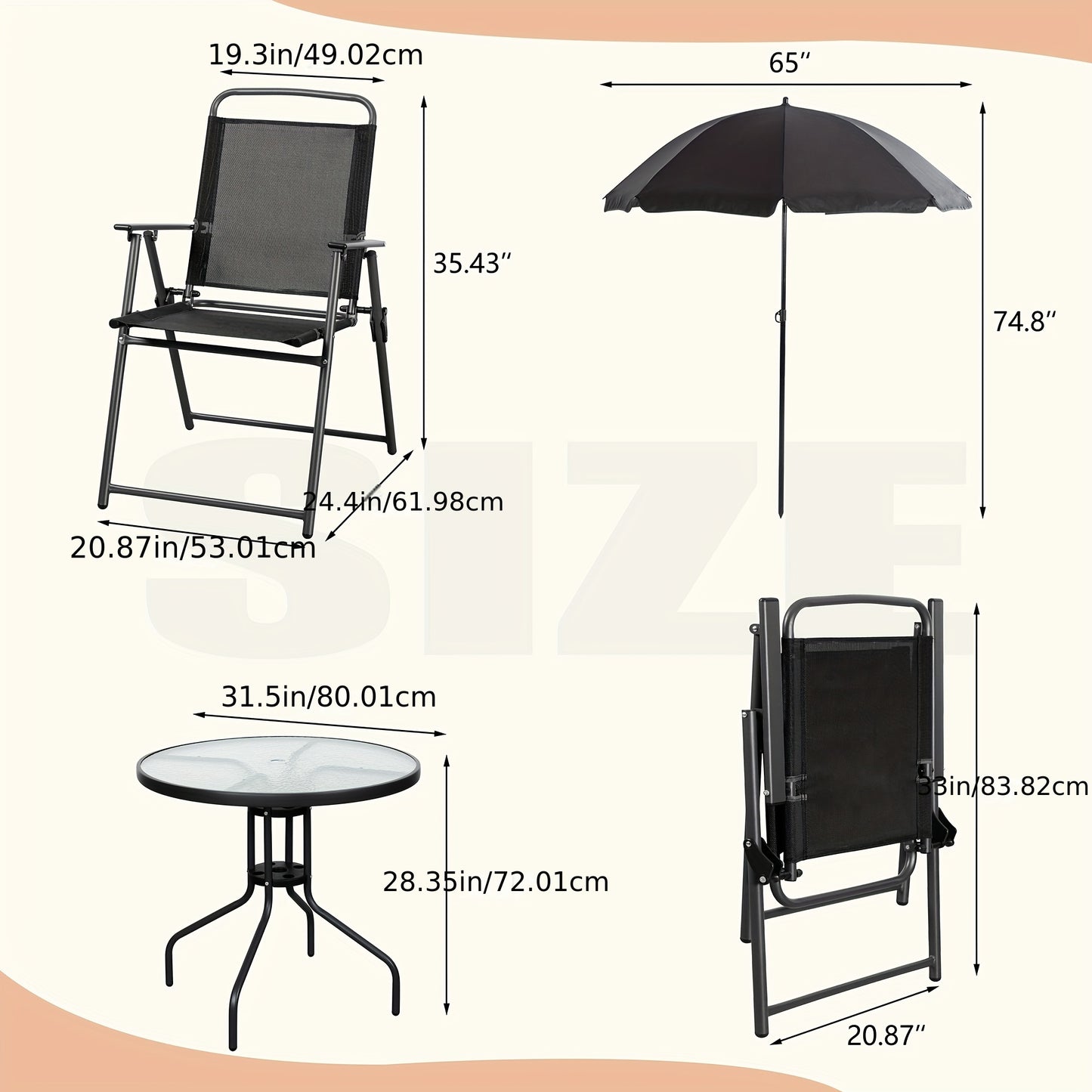 Vongrasig 6 Piece Folding Patio Dining Set, Small Metal Outdoor Garden Patio Table and Chair Set w/Umbrella for Lawn, Deck, Backyard