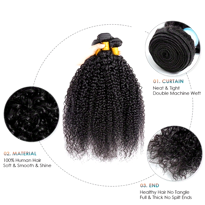 Kinky Curly Human Hair Bundles - Thick Curly Weaves, Virgin Hair Bundles for Full Head Coverage in Natural Black Color (Can be Dyeable), 3 Bundles Totaling 300g±10g