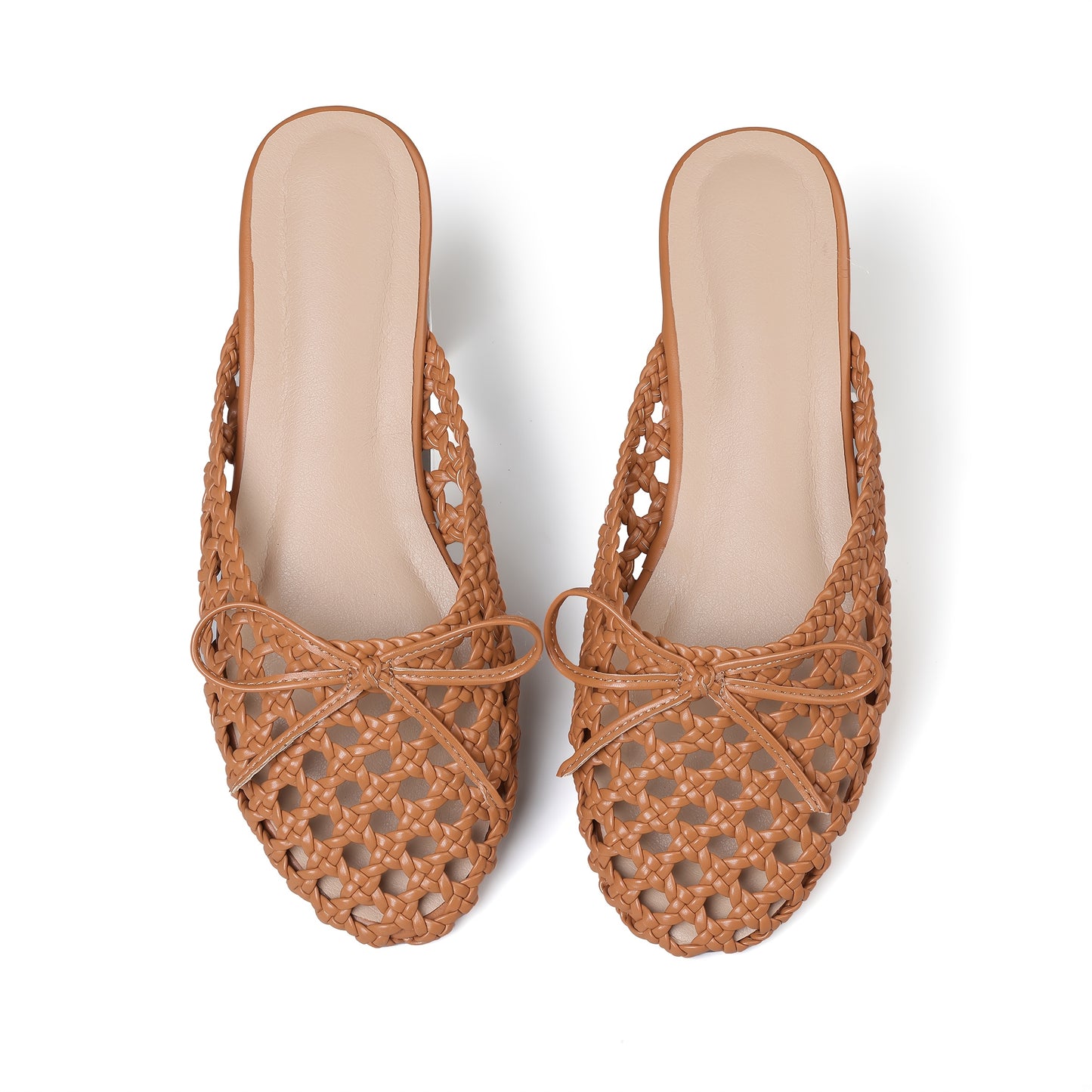 Trendy Womens Flat Sandals Round Toe Woven Design Decorative Bow Knot Slip On Flat Womens Muls for Party Work Office Outing Casual Sandal