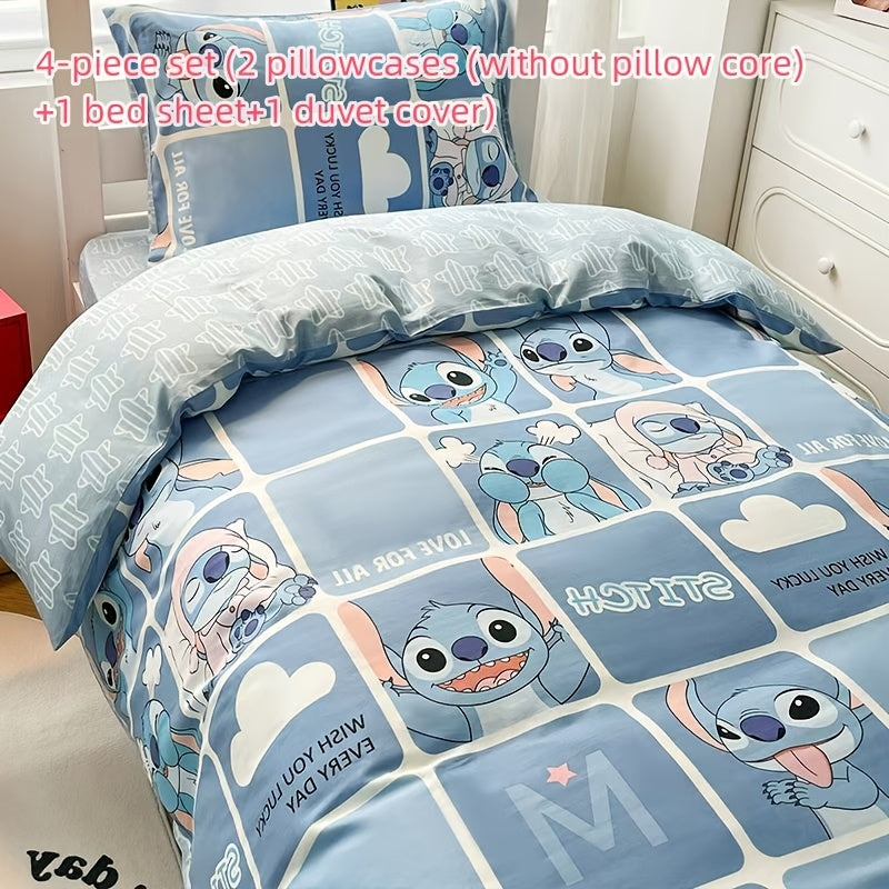Back to School Stitch-Theme 4pcs Bedding Set (No Pillow Core And Quilt Core)- Available for All Seasons, Kawaii Comfortable Pillowcases, Duvet Cover, Bed Sheet, Dorm & Travel Supplies, Christmas Birthday Halloween New Year Mo