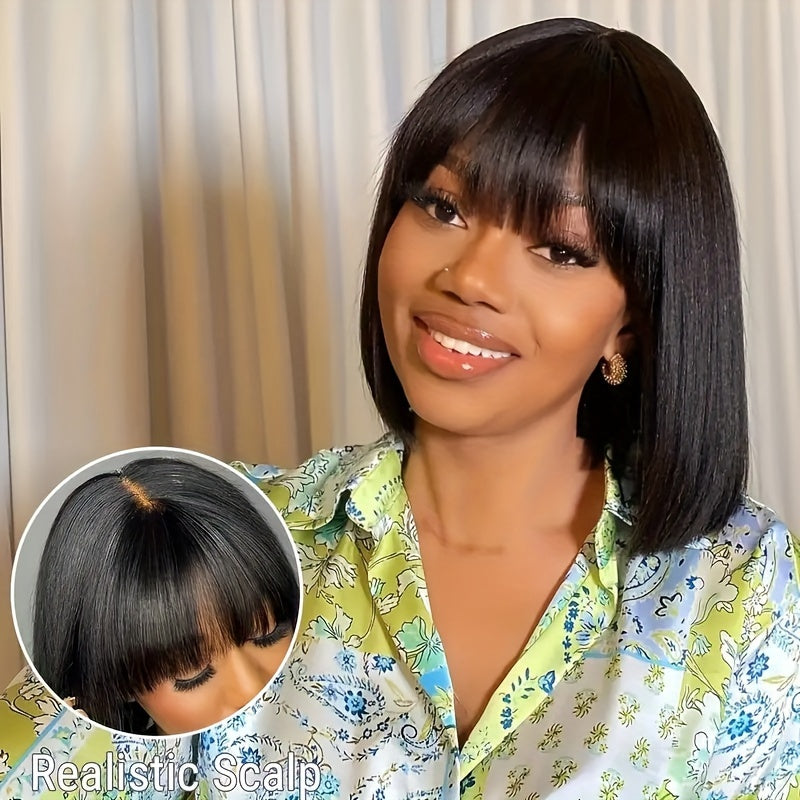Women's Glueless Bob Wig with Bangs - Natural Black Human Hair, 150% Density (2x1 Ratio), Brazilian Hair, No Glue Needed, Adjustable Bangs & Pre-Plucked Front with Baby Hair, Everyday & Special Occasion Hairstyle - Suitable f