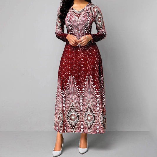Women's Plus Size Elegant V-Neck Long Sleeve A-Line Dress With Starry Sky Print, Slim-Fit Flowy Maxi Dress For Holiday & Party Wear